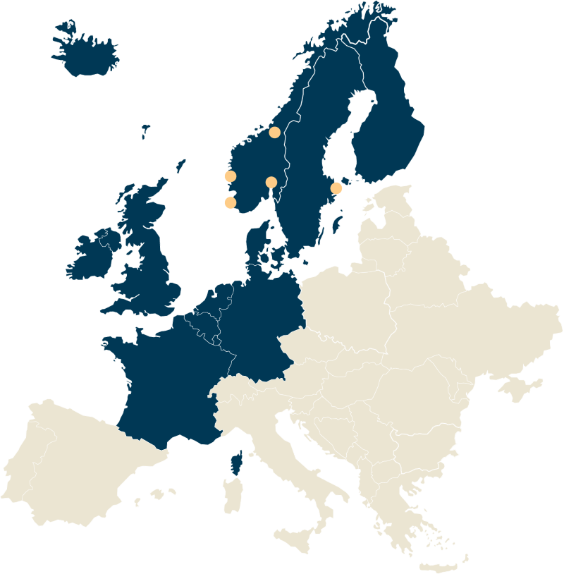 Europakort som viser hvor man kan handle SKAGENs fonde i 2023.