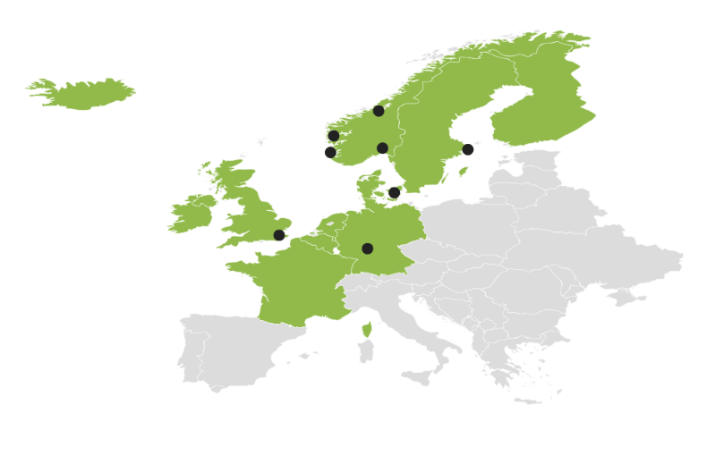 Europakort som viser, at man i 2016 kan handle SKAGENs fonde i Norge, Sverige, Danmark, Storbritannien, Holland, Island, Finland, Luxembourg, Schweiz, Belgien, Tyskland, Irland og Frankrig.