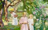 Maleri: Kvinde og to døtre i en grøn have.