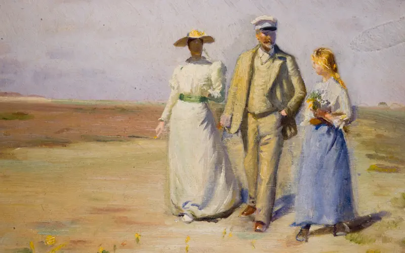 Painting of a man and two women going for a walk.