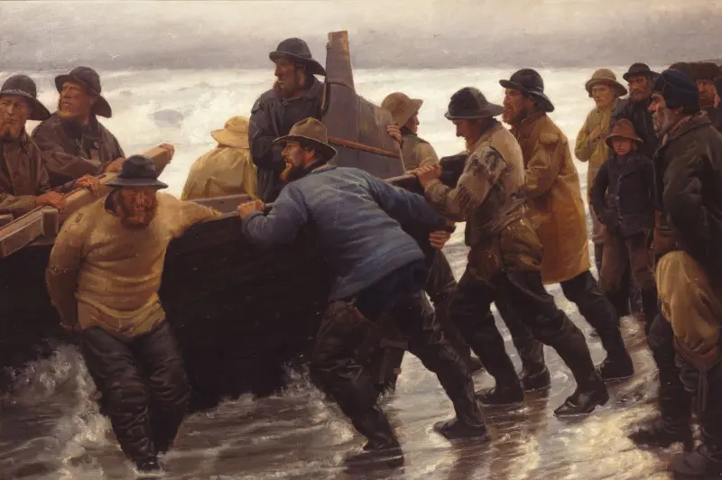 A Skagen painting of a large group of fishermen launching a rowing boat