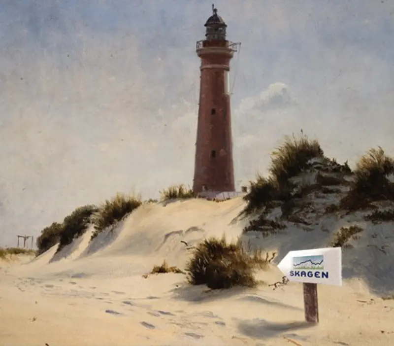 maleri av strand med skilt peker mot skagen