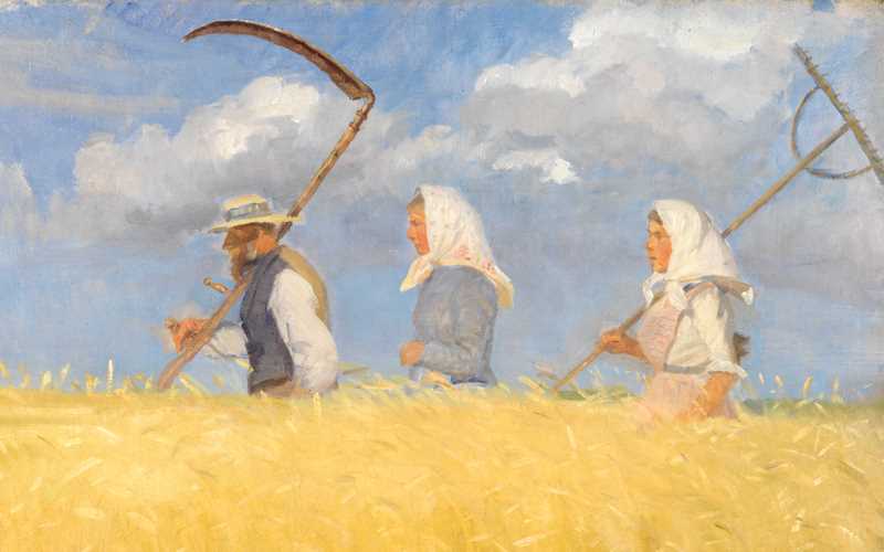 Skagen maleri. 3 høstarbejdere går i engen.