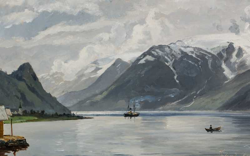 Skagen maleri. Sørfjord. Hardanger. Sneklædte bjergtinder og to både i fjorden.