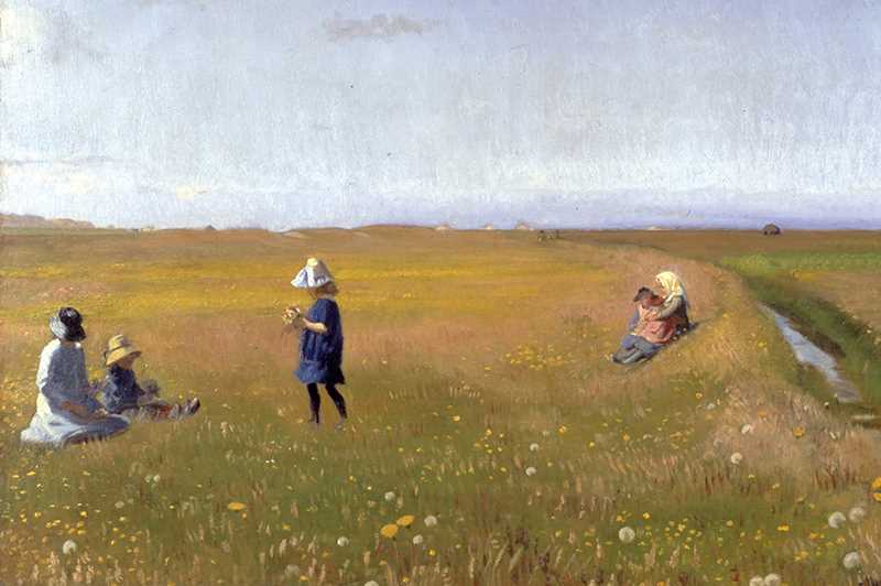 Maleri af børn der leger på eng