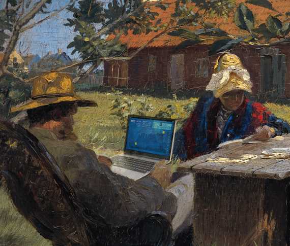 Michael Ancher, Helene Christensen og Anna Ancher sidder Brøndums gamle have.