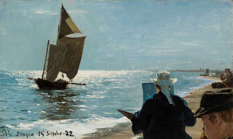 kvinde maler på stranden skib på havet