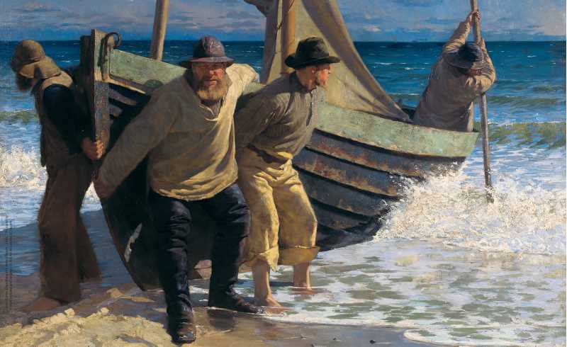 Painting of men pulling a boat
